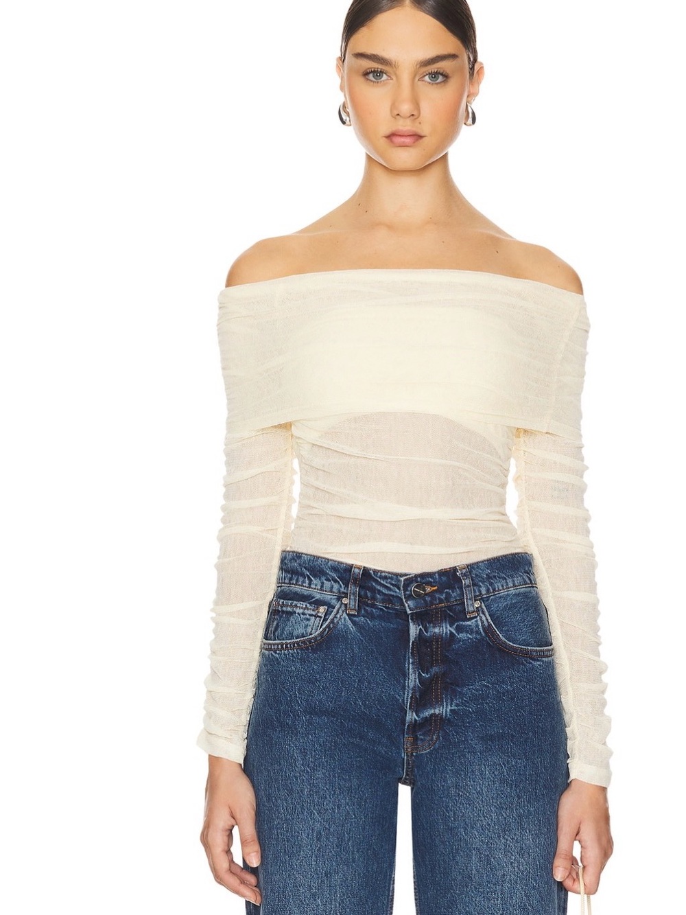 Off-Shoulder Ruched Long Sleeve Top in Cream